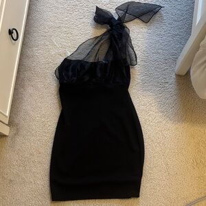 Blue Blush One-Shoulder Black Dress with Organza Bow